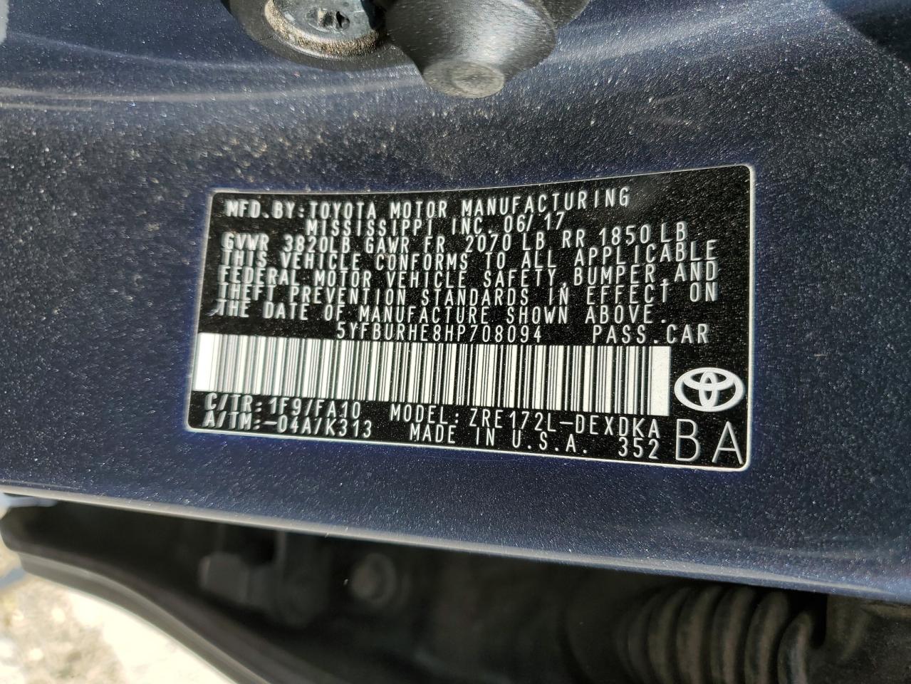 5YFBURHE8HP708094 2017 Toyota Corolla L