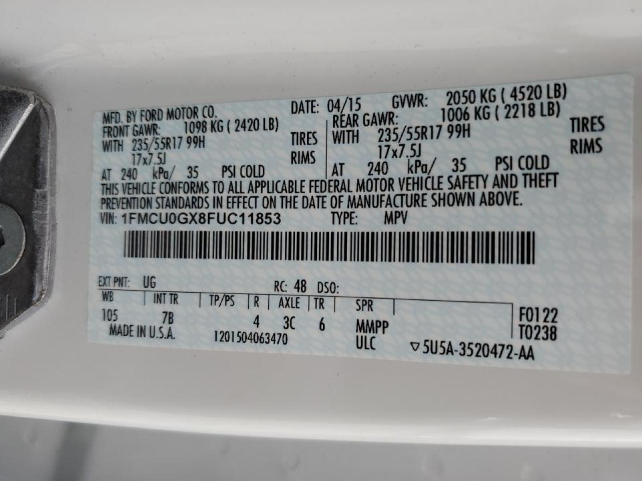 1FMCU0GX8FUC11853 2015 Ford Escape Se