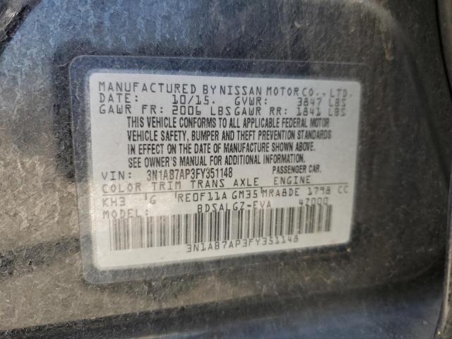 2015 Nissan Sentra S VIN: 3N1AB7AP3FY351148 Lot: 57042944