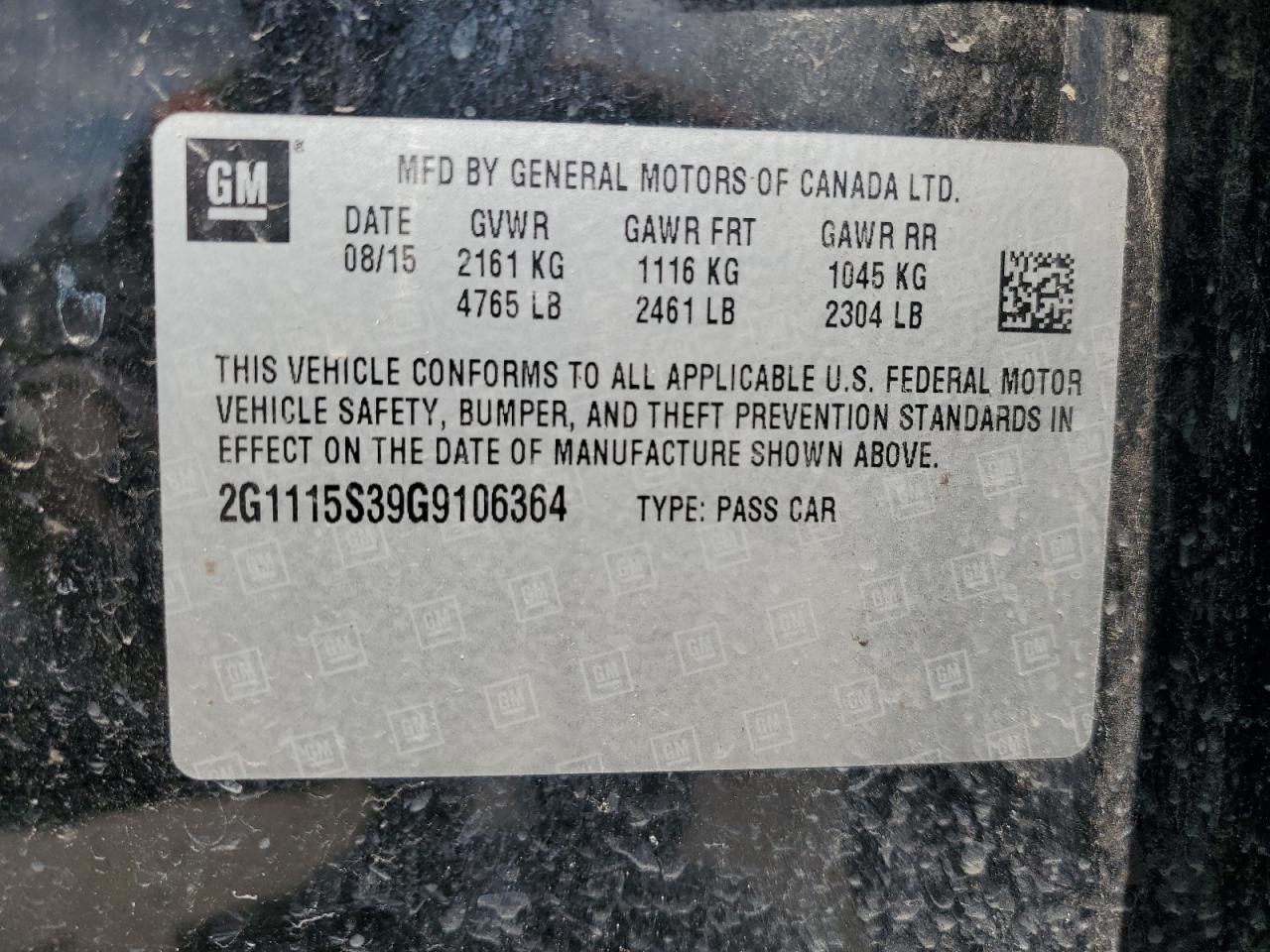 2G1115S39G9106364 2016 Chevrolet Impala Lt