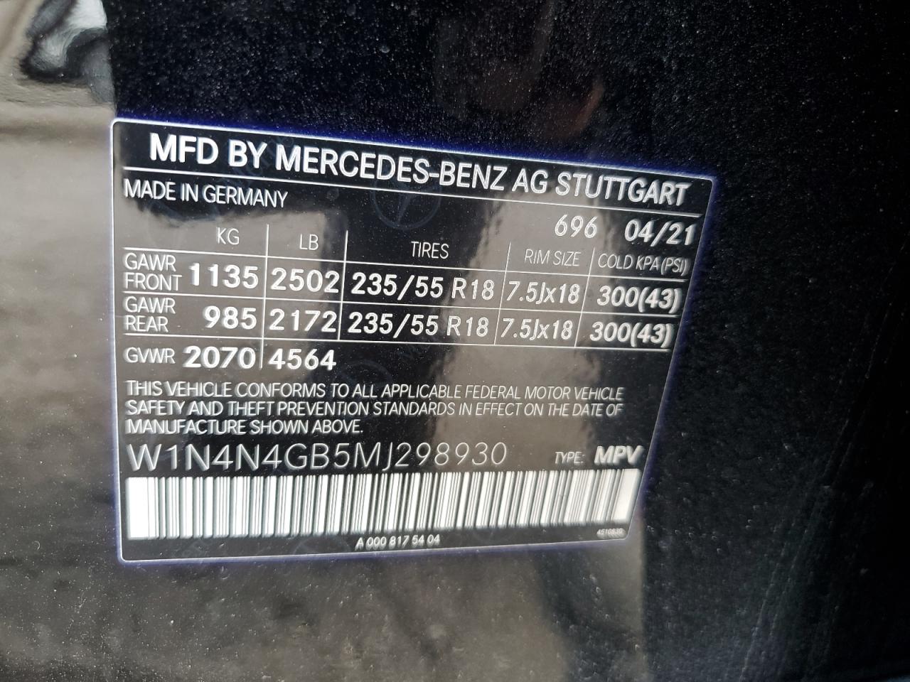 W1N4N4GB5MJ298930 2021 Mercedes-Benz Gla 250