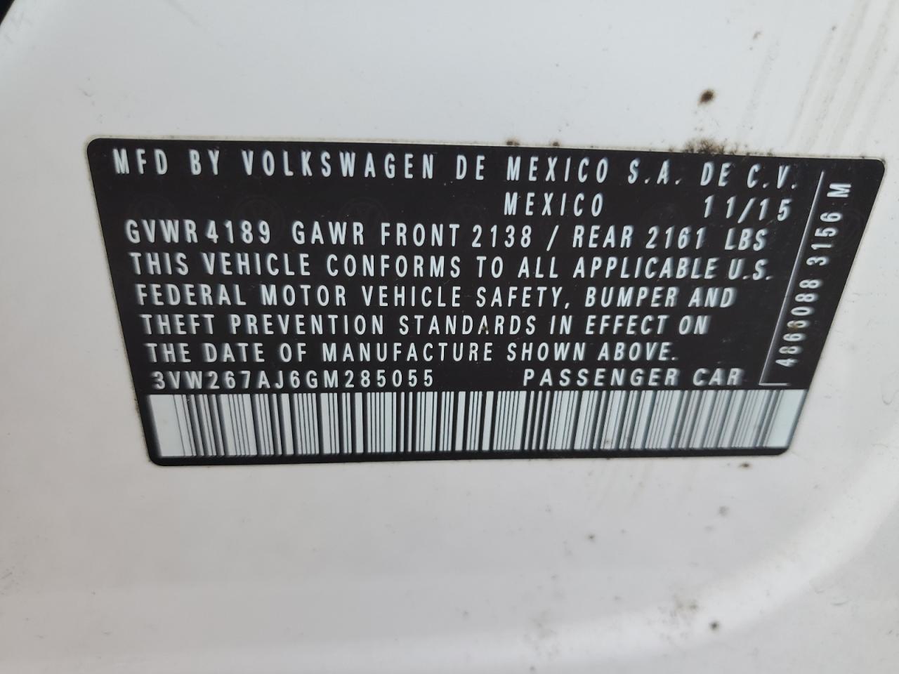 3VW267AJ6GM285055 2016 Volkswagen Jetta S