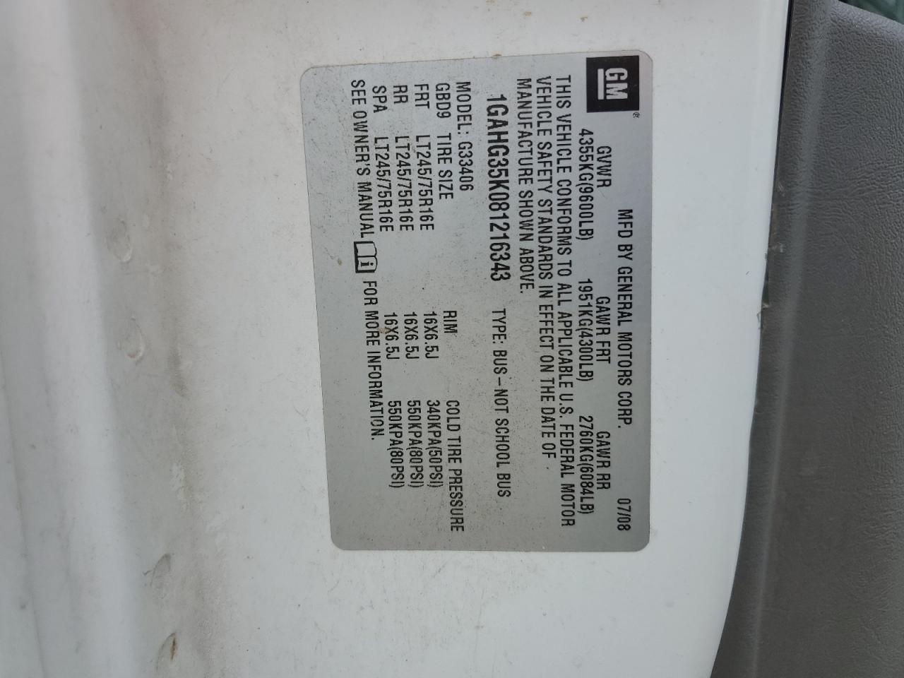 1GAHG35K081216343 2008 Chevrolet Express G3500