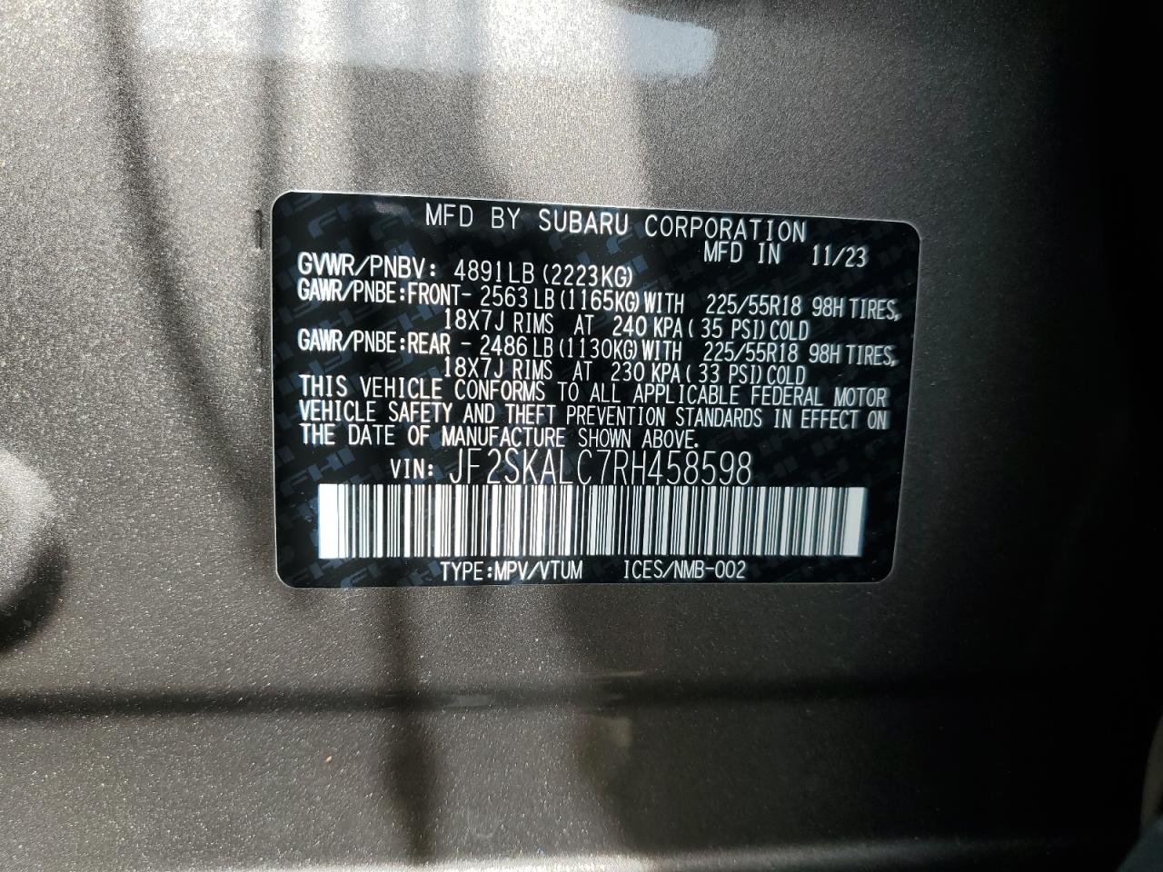 JF2SKALC7RH458598 2024 Subaru Forester Limited