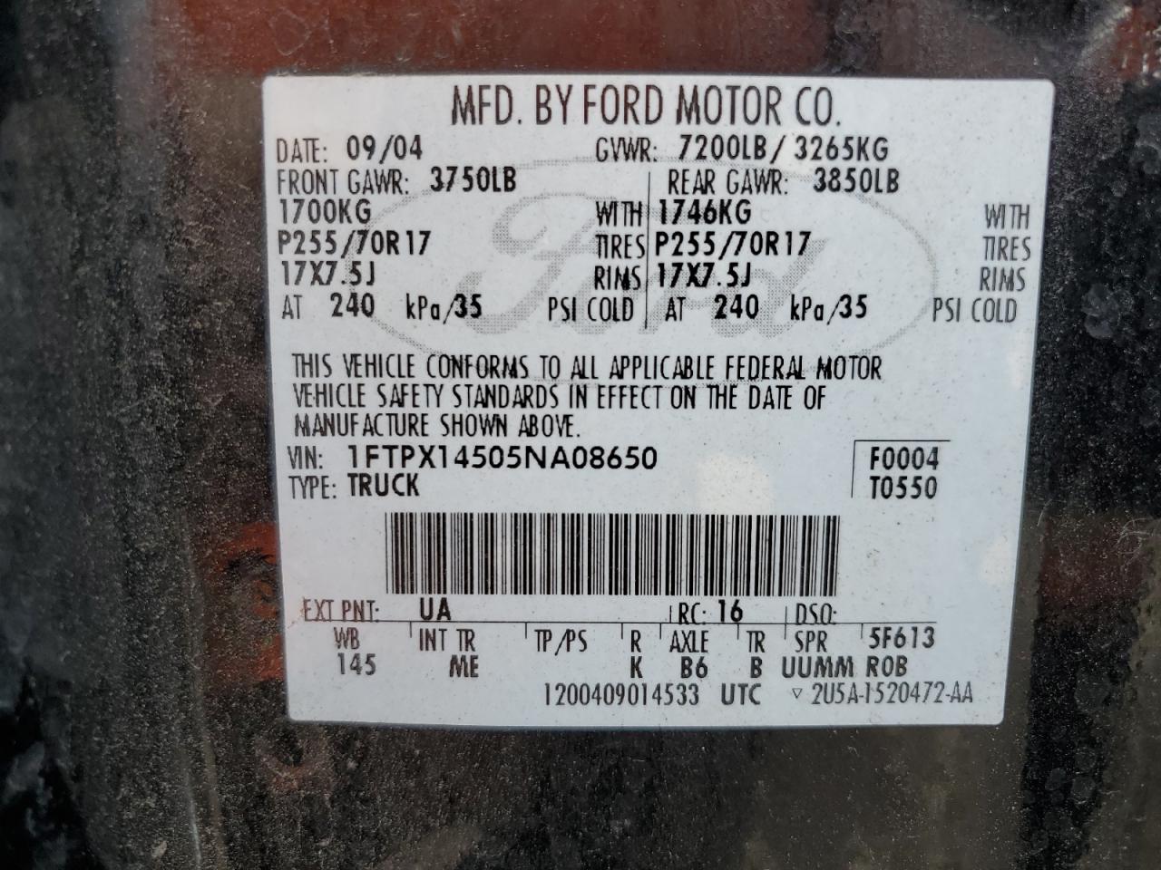 1FTPX14505NA08650 2005 Ford F150