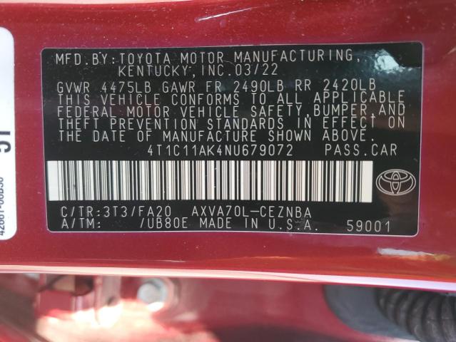 VIN 4T1C11AK4NU679072 2022 Toyota Camry, LE no.12