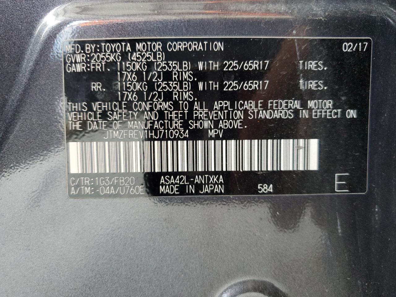 JTMZFREV1HJ710934 2017 Toyota Rav4 Le