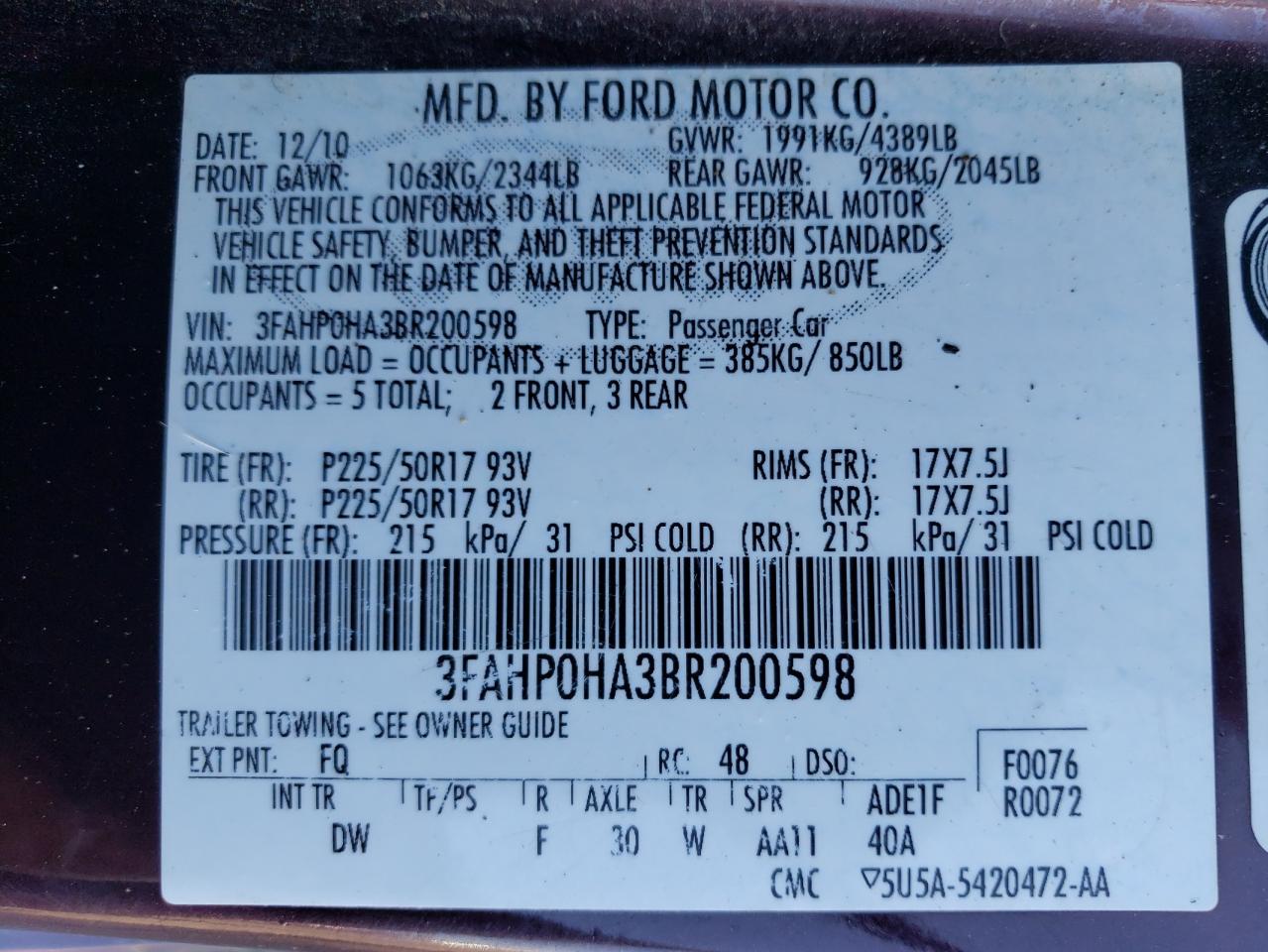 3FAHP0HA3BR200598 2011 Ford Fusion Se