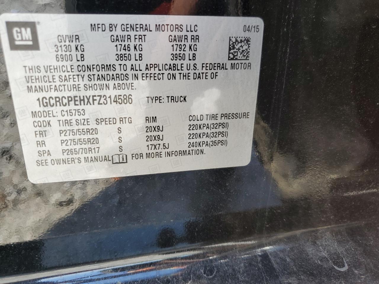 2015 Chevrolet Silverado C1500 vin: 1GCRCPEHXFZ314586