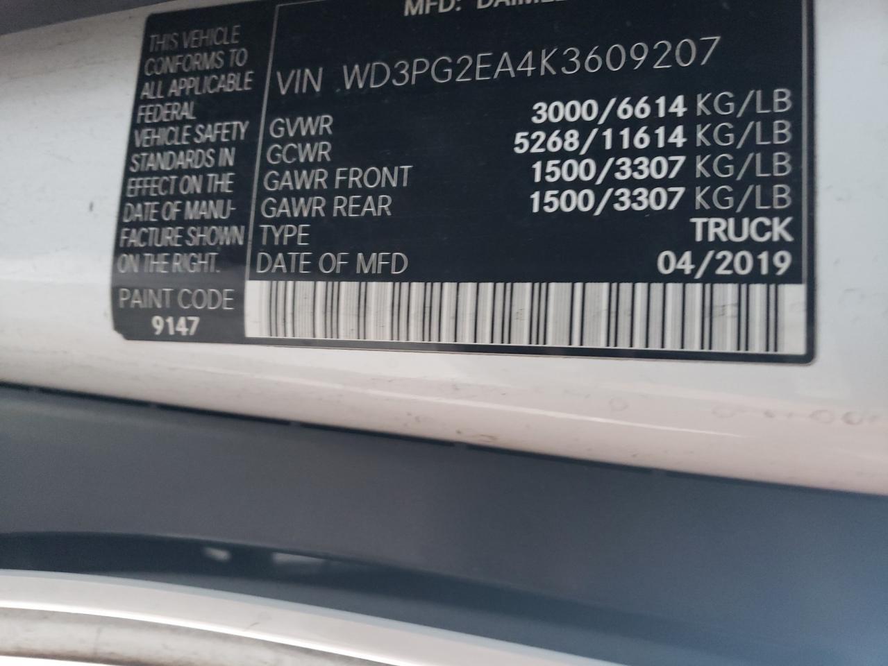 2019 Mercedes-Benz Metris vin: WD3PG2EA4K3609207
