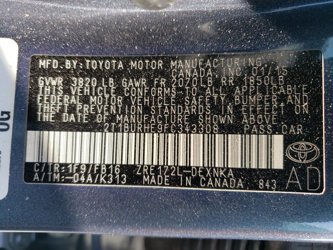 2T1BURHE9FC343308 2015 Toyota Corolla L