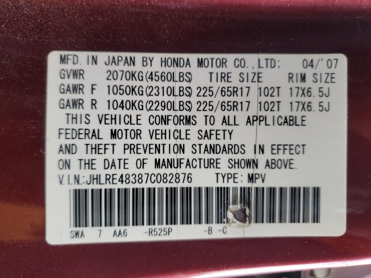 JHLRE48387C082876 2007 Honda Cr-V Lx