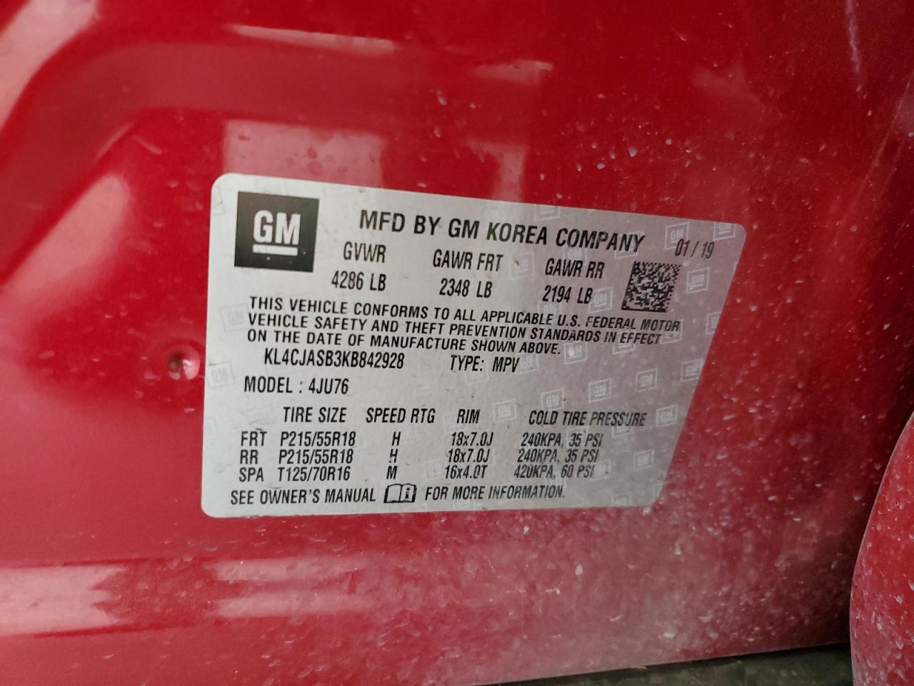 KL4CJASB3KB842928 2019 Buick Encore Preferred