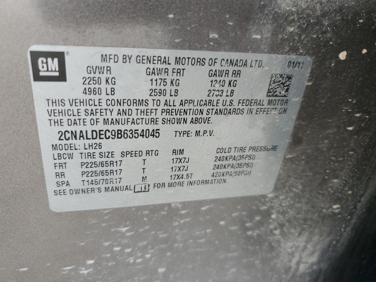 2CNALDEC9B6354045 2011 Chevrolet Equinox Lt