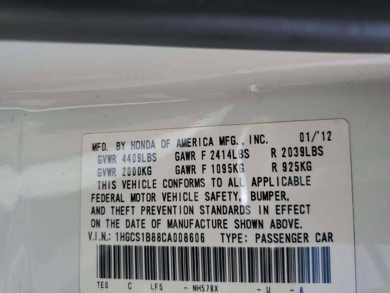 1HGCS1B88CA008606 2012 Honda Accord Exl