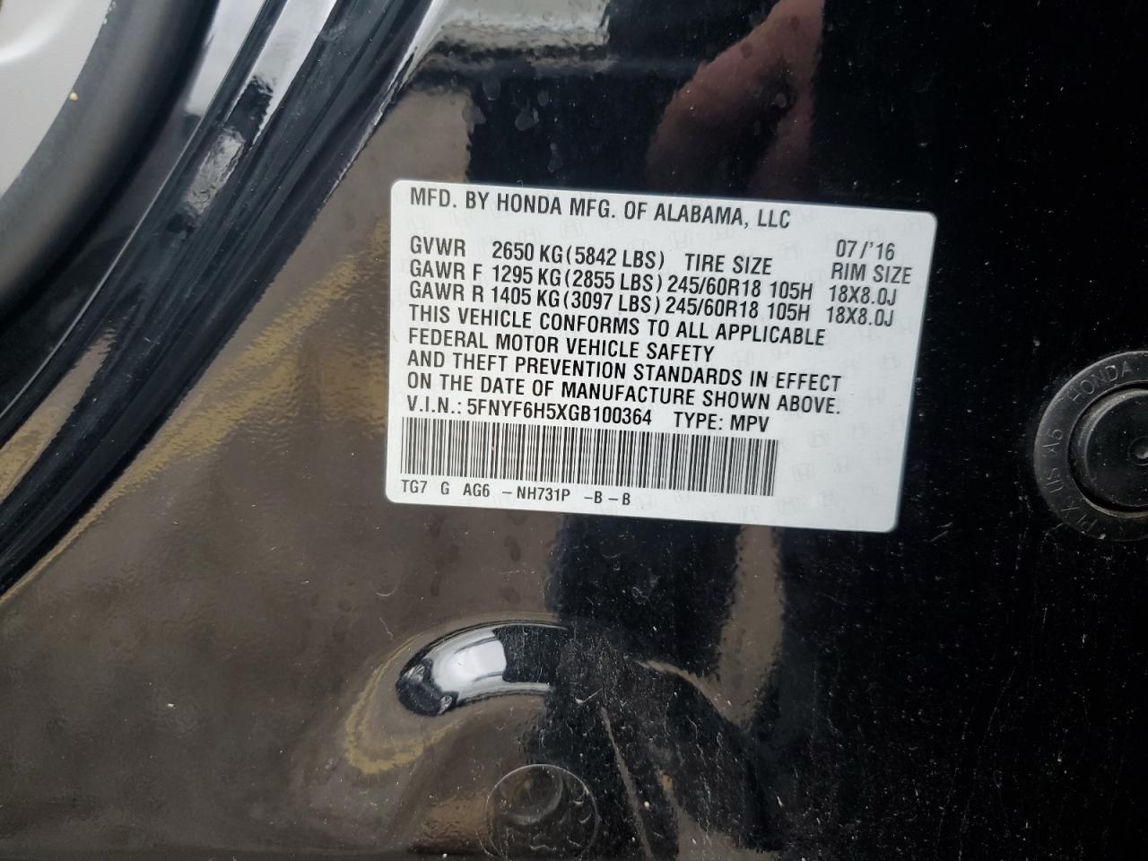 5FNYF6H5XGB100364 2016 Honda Pilot Exl