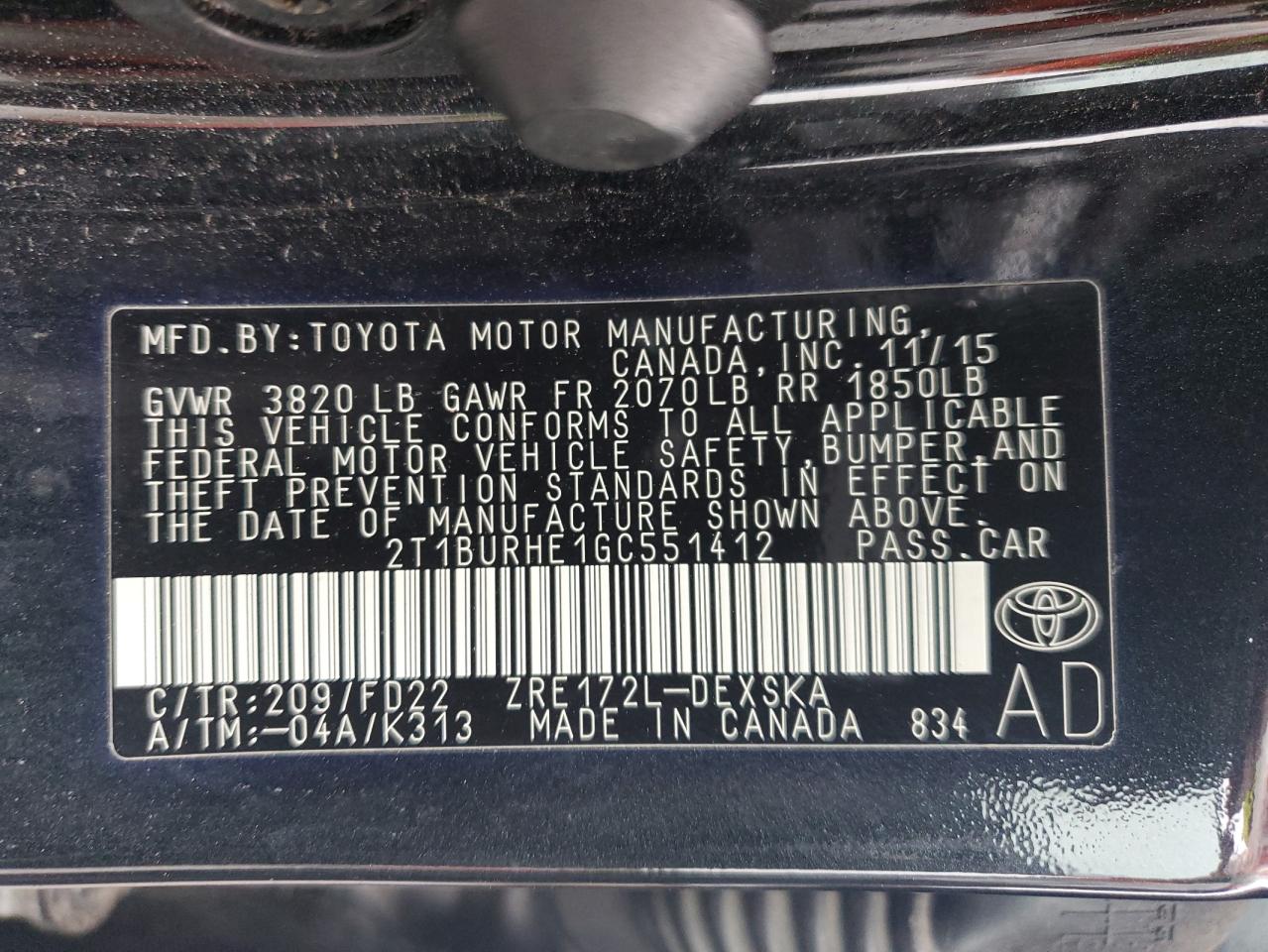 2T1BURHE1GC551412 2016 Toyota Corolla L