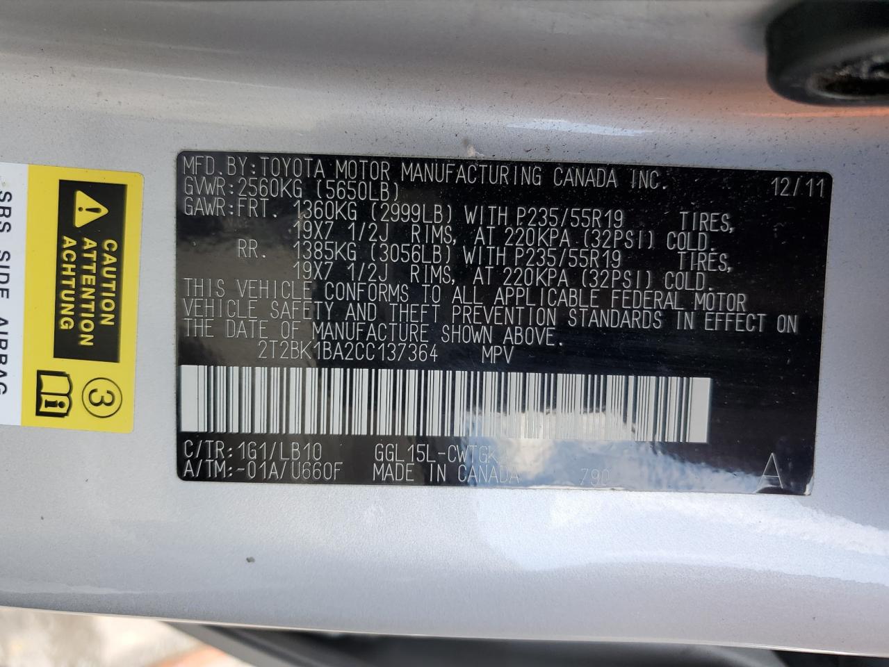 2T2BK1BA2CC137364 2012 Lexus Rx 350