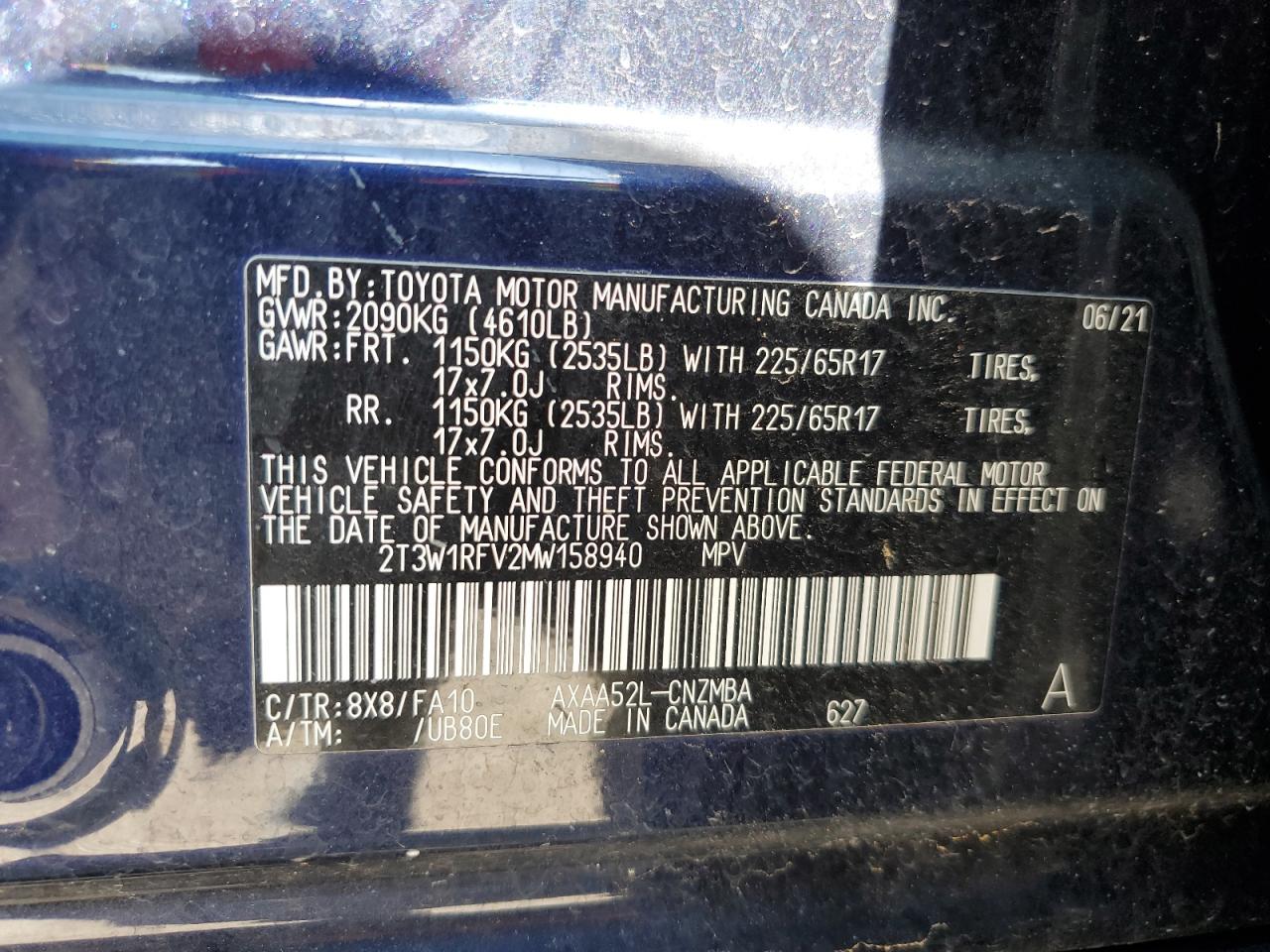 2T3W1RFV2MW158940 2021 Toyota Rav4 Xle