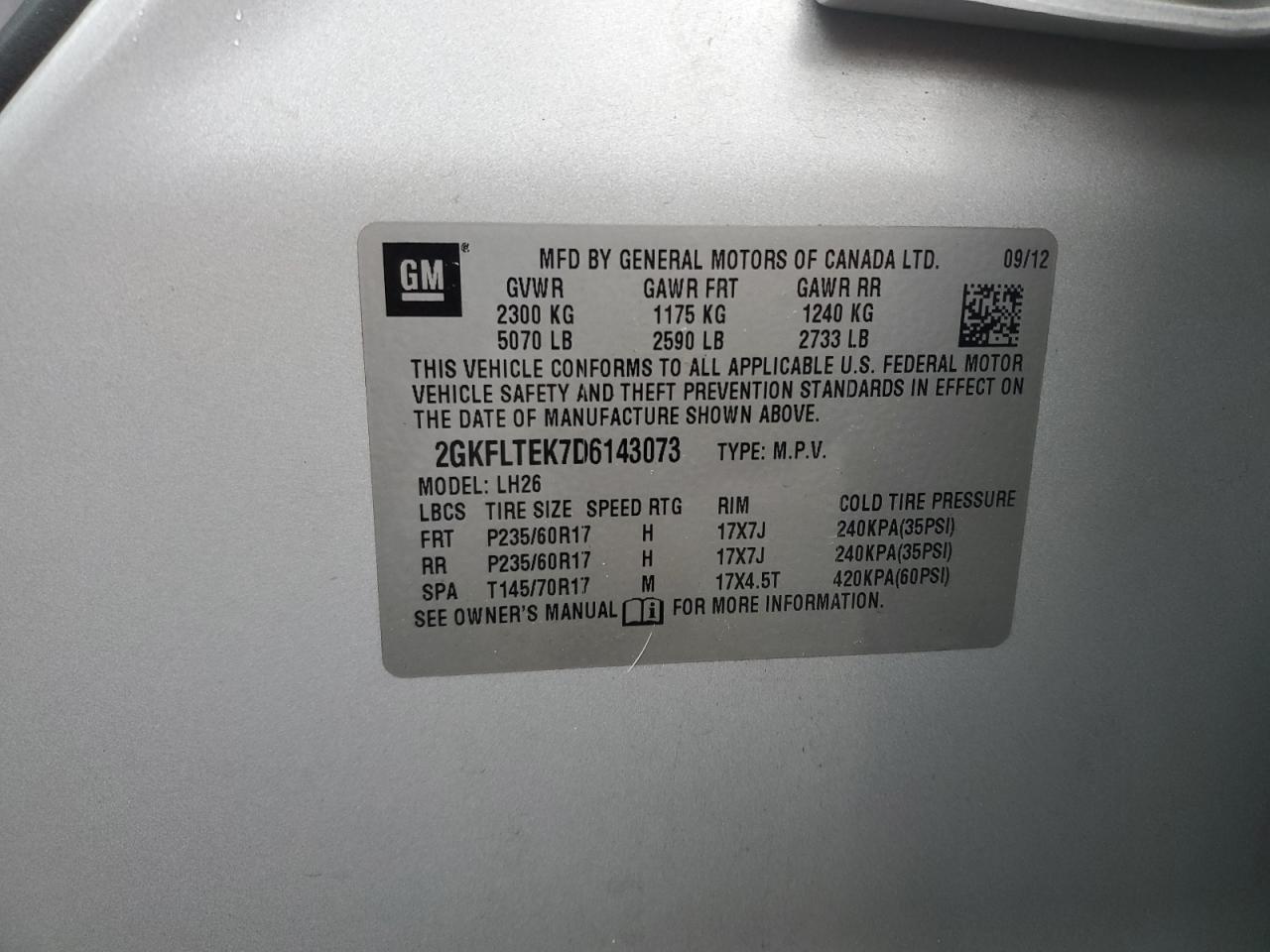 2GKFLTEK7D6143073 2013 GMC Terrain Sle