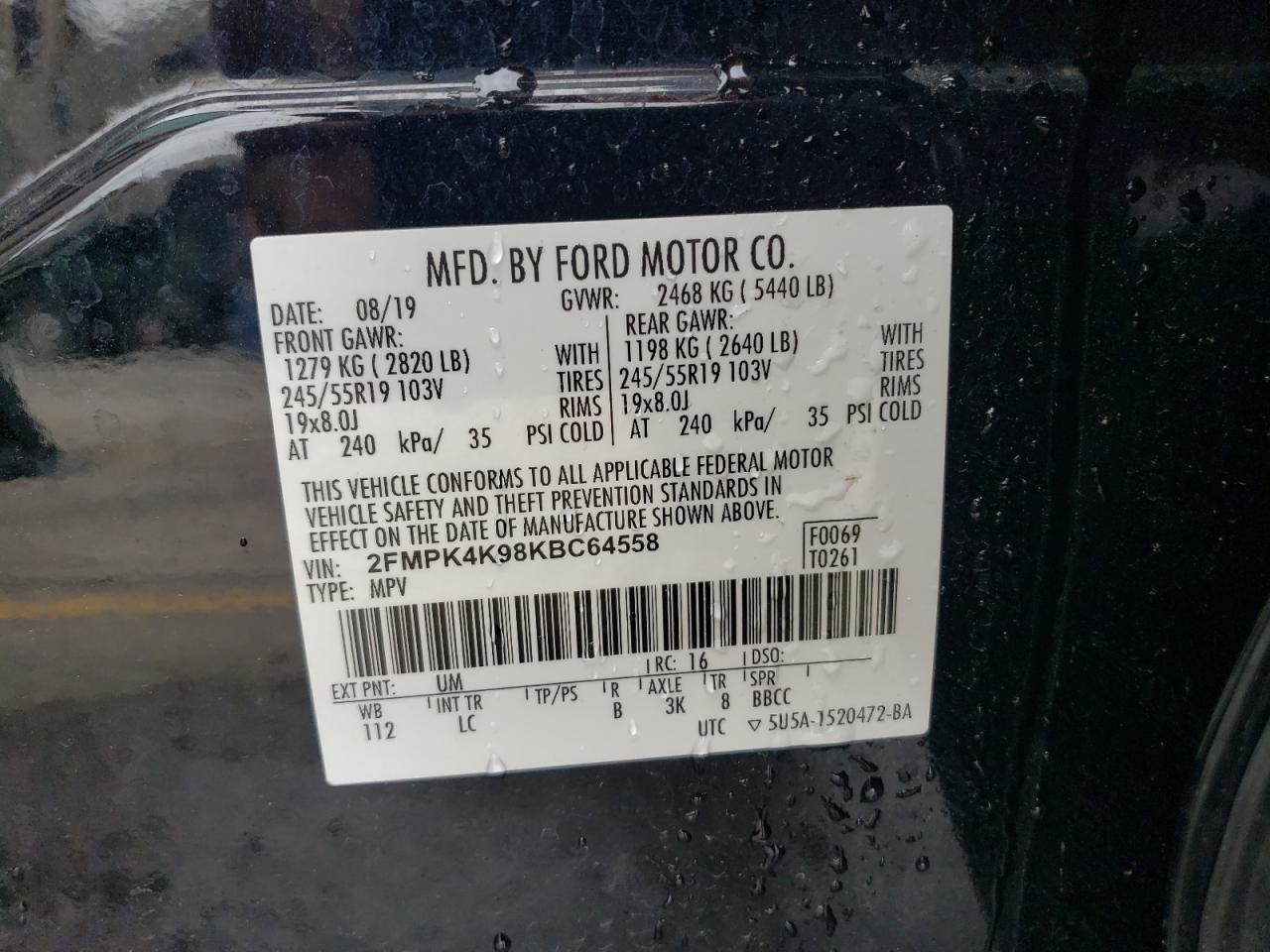 2FMPK4K98KBC64558 2019 Ford Edge Titanium