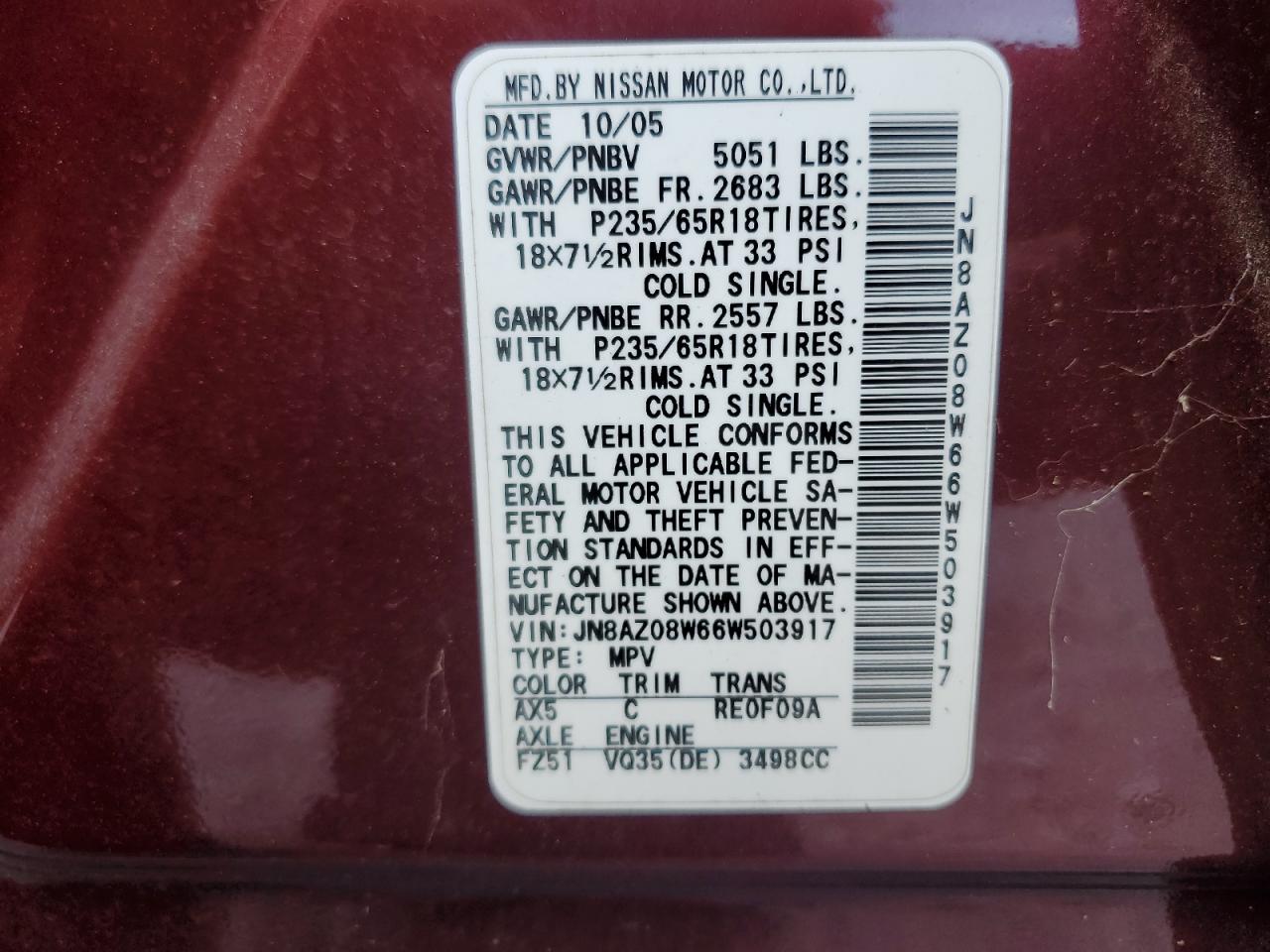 JN8AZ08W66W503917 2006 Nissan Murano Sl