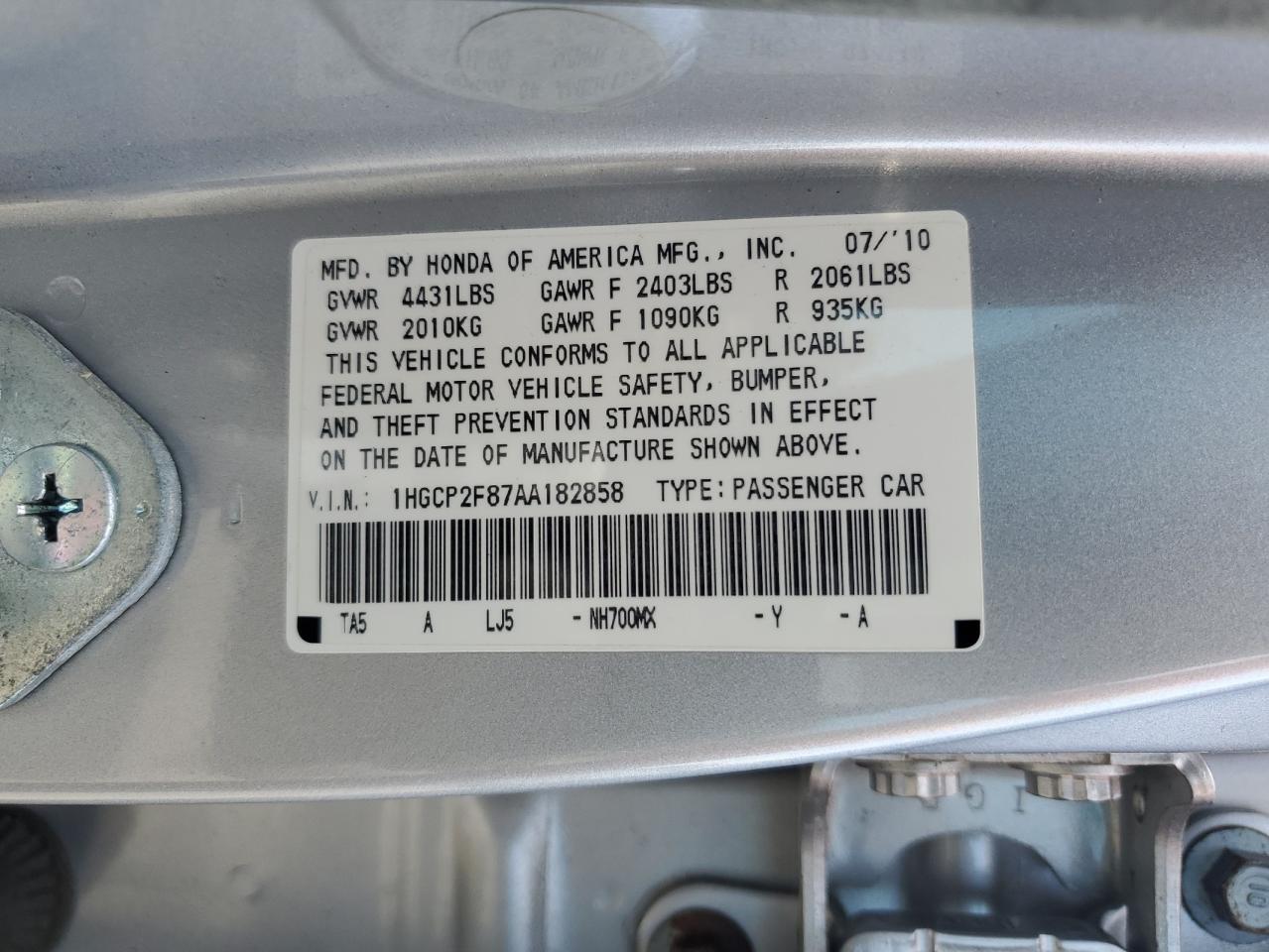 1HGCP2F87AA182858 2010 Honda Accord Exl