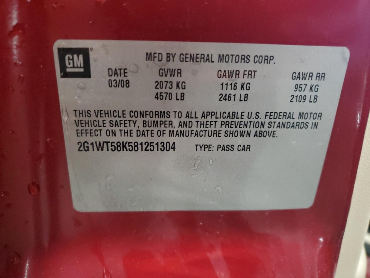 2G1WT58K581251304 2008 Chevrolet Impala Lt
