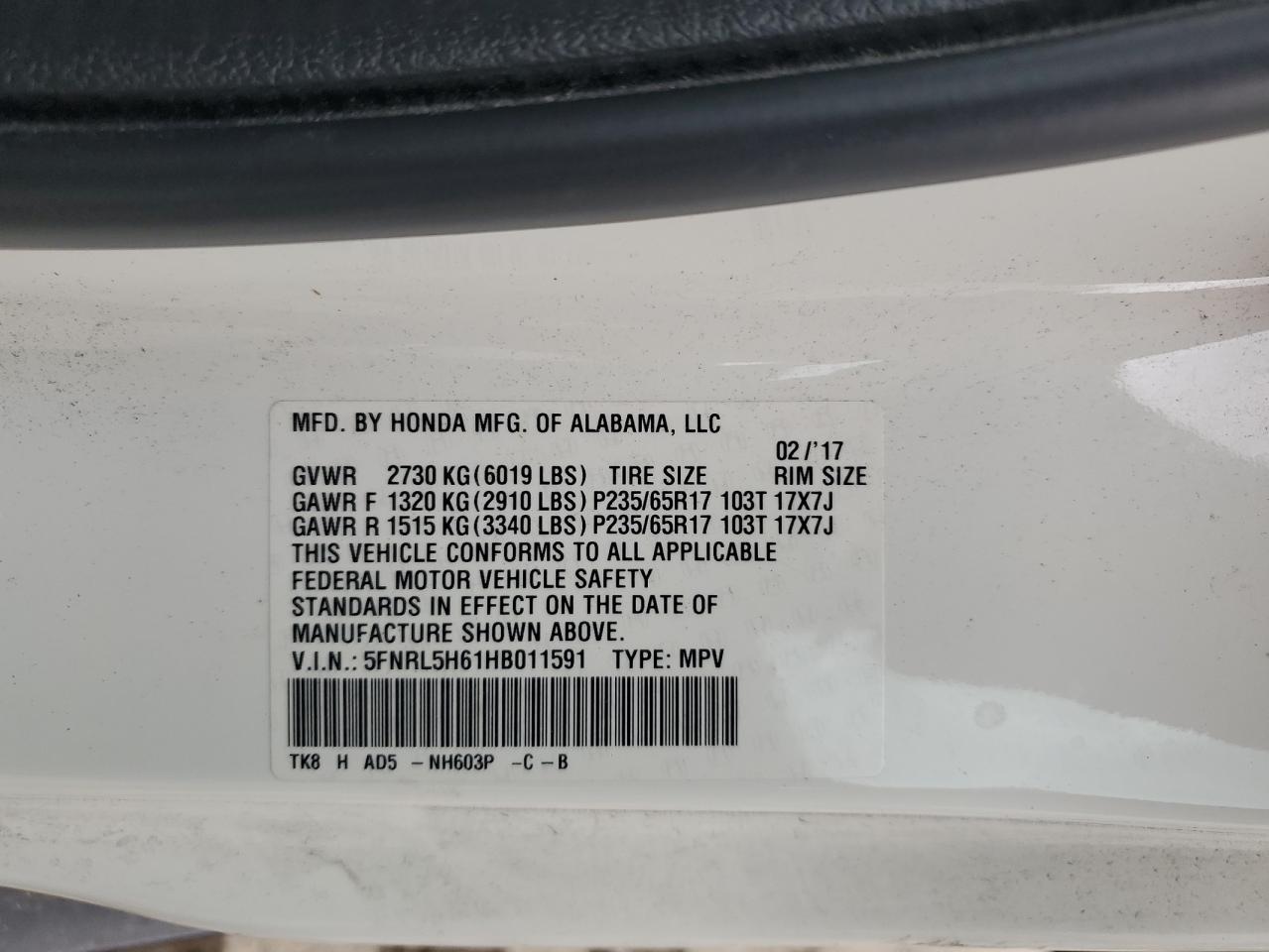 5FNRL5H61HB011591 2017 Honda Odyssey Exl