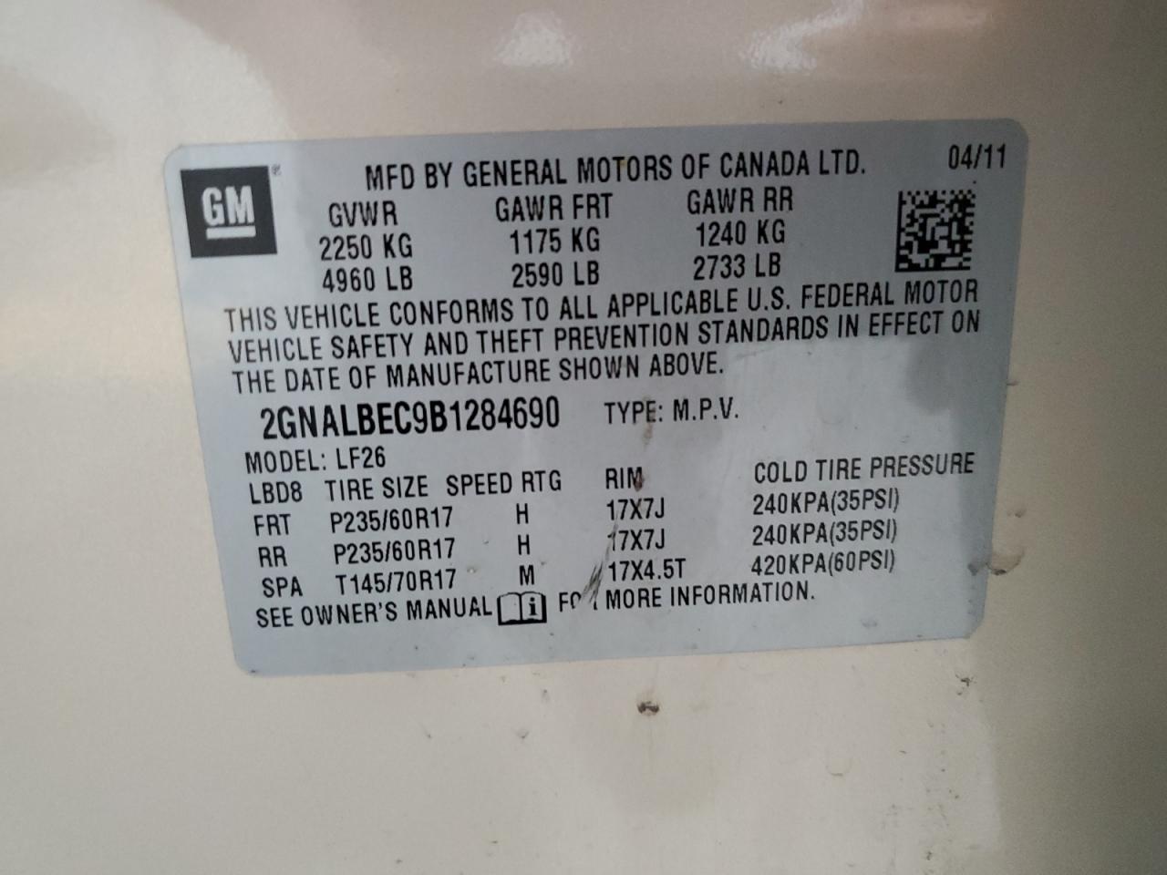 2GNALBEC9B1284690 2011 Chevrolet Equinox Ls