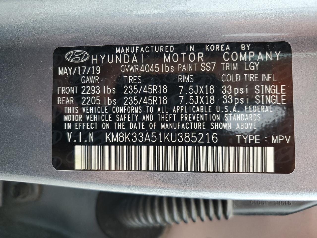 KM8K33A51KU385216 2019 Hyundai Kona Limited