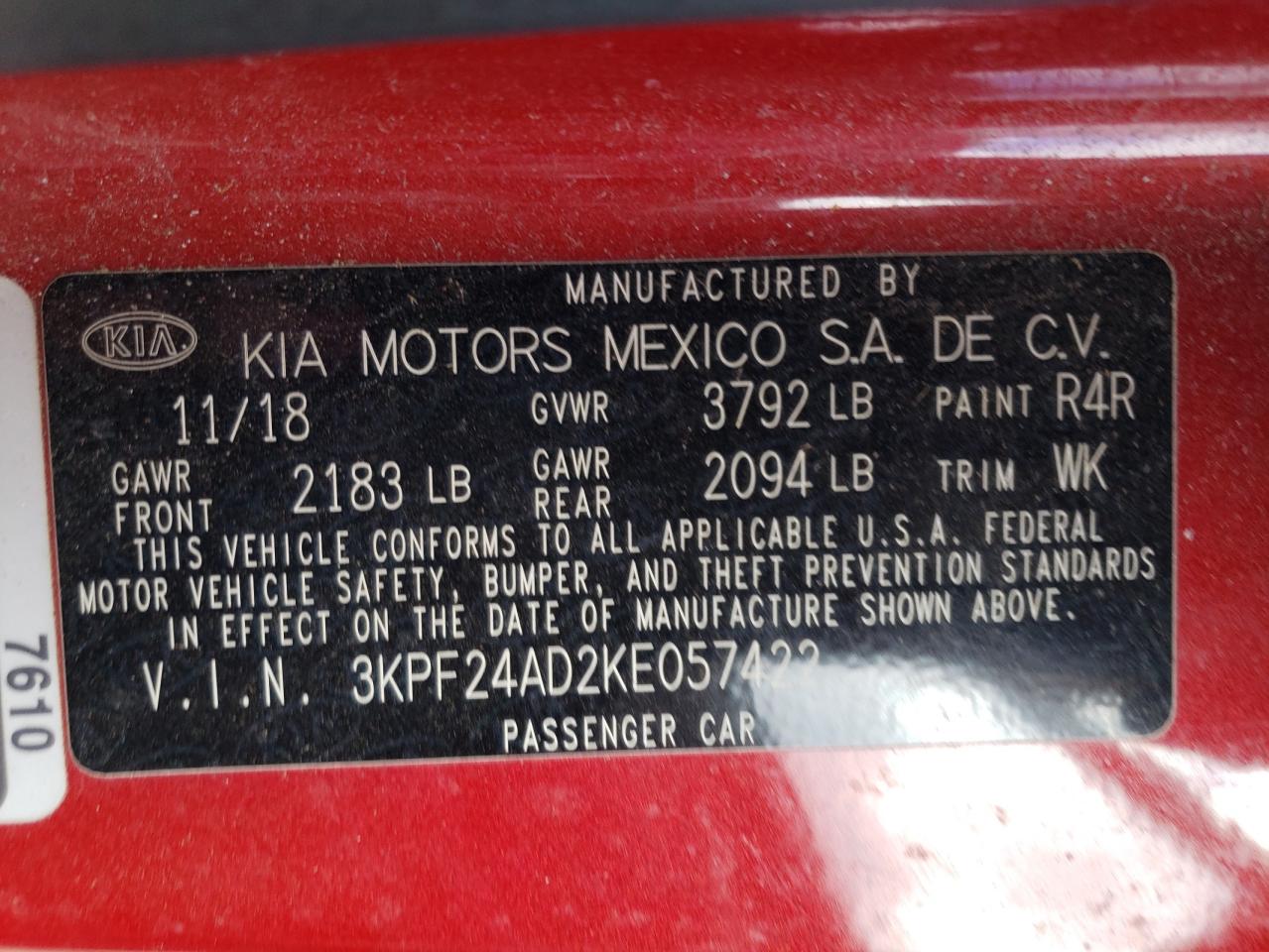 3KPF24AD2KE057422 2019 Kia Forte Fe