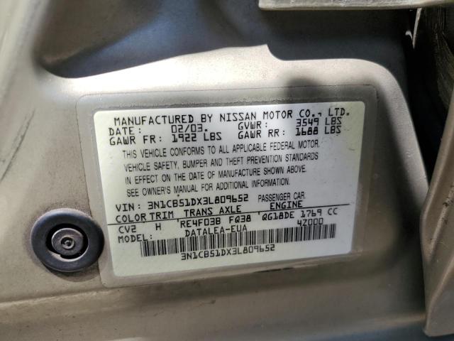 2003 Nissan Sentra Xe VIN: 3N1CB51DX3L809652 Lot: 56735854