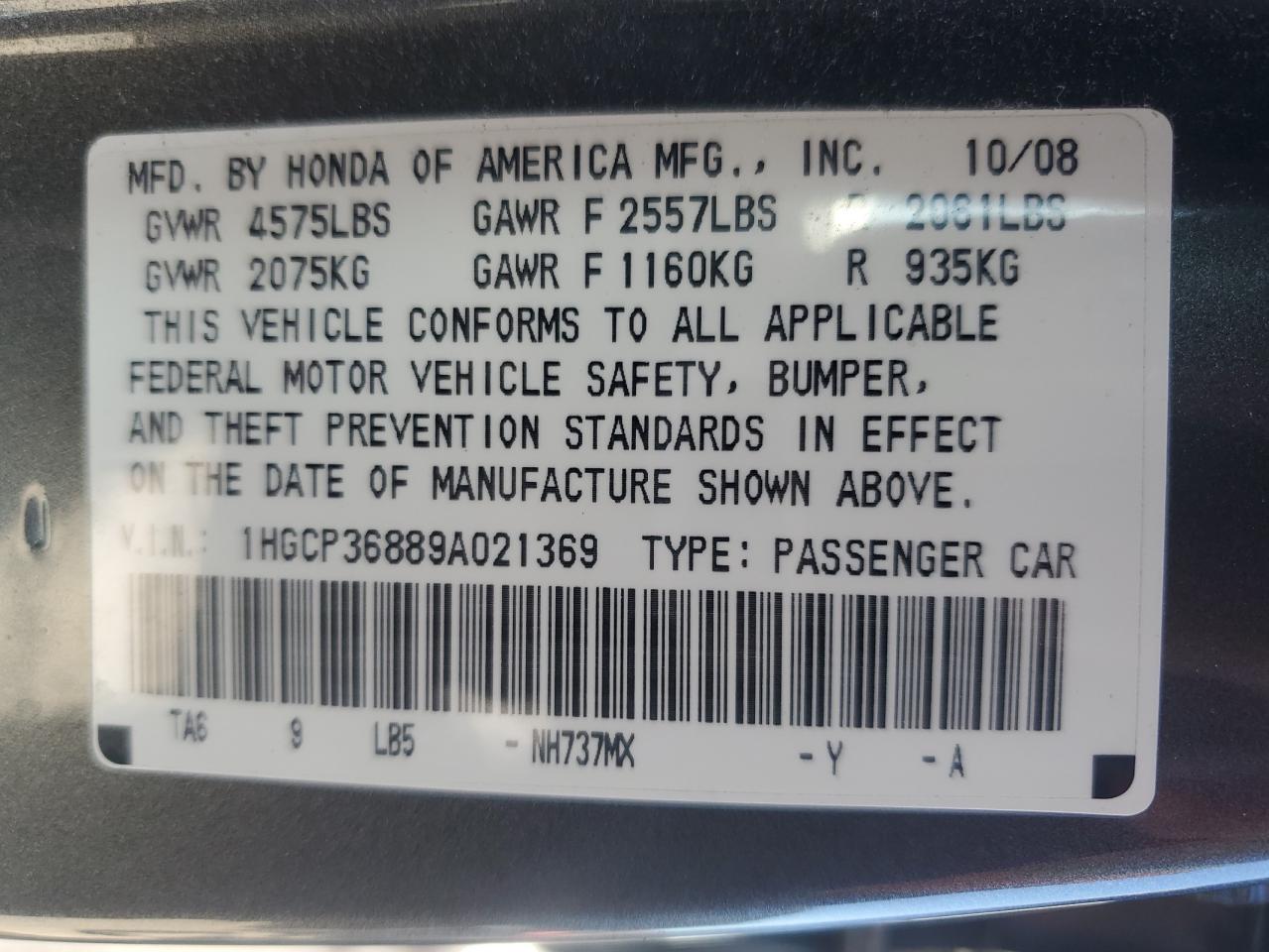 1HGCP36889A021369 2009 Honda Accord Exl