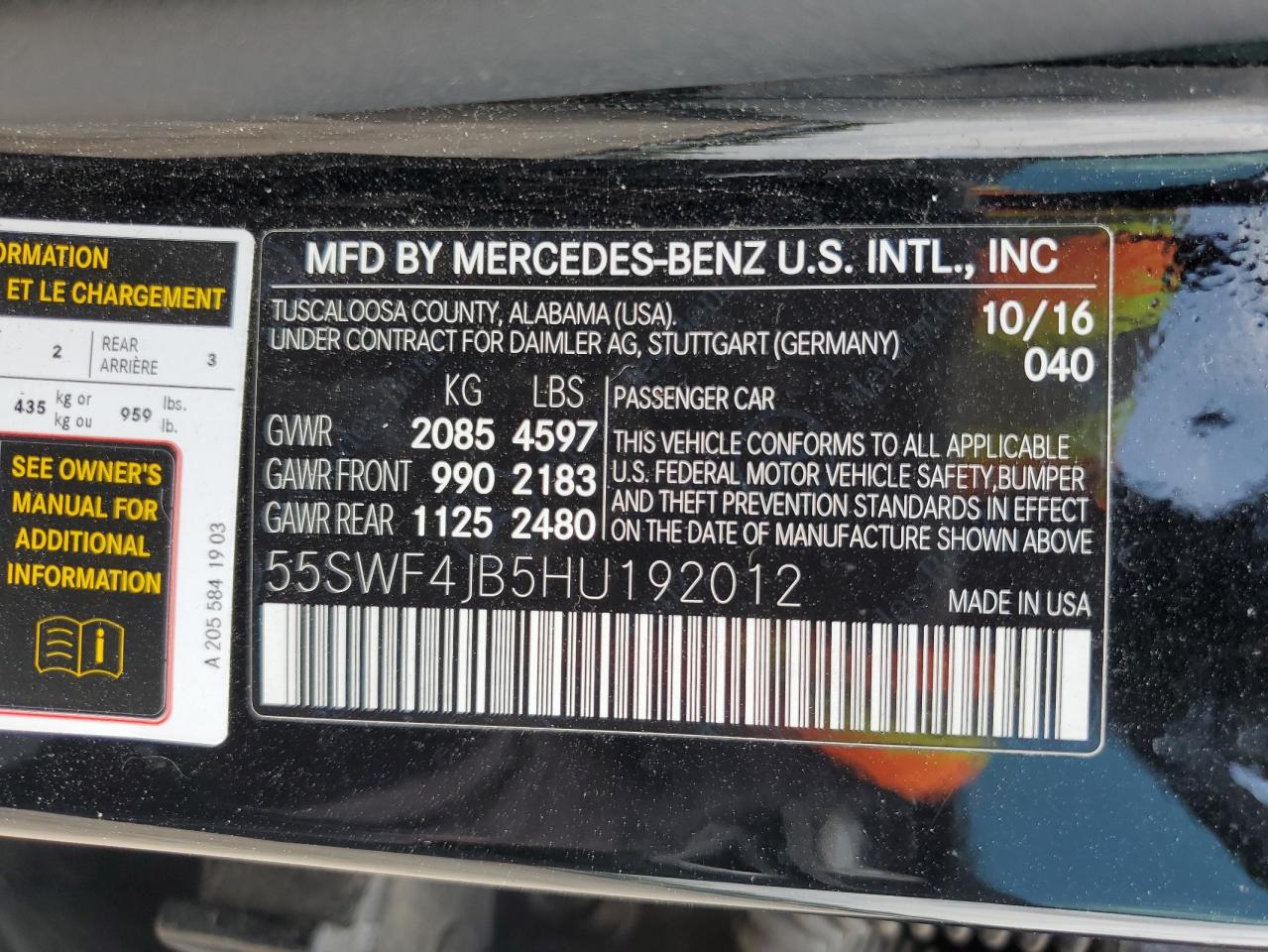 55SWF4JB5HU192012 2017 Mercedes-Benz C 300