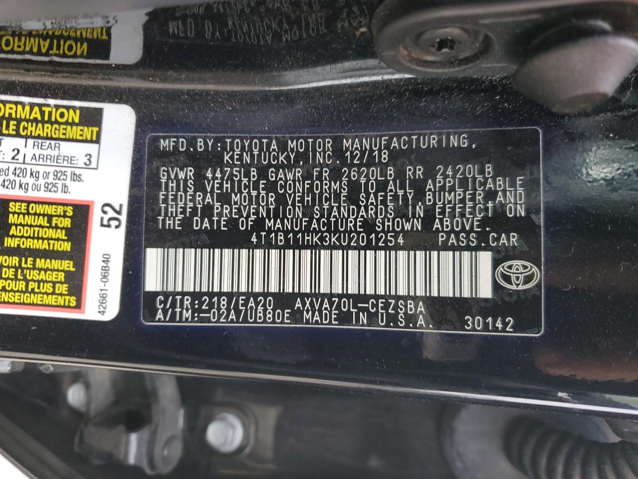 4T1B11HK3KU201254 2019 Toyota Camry L