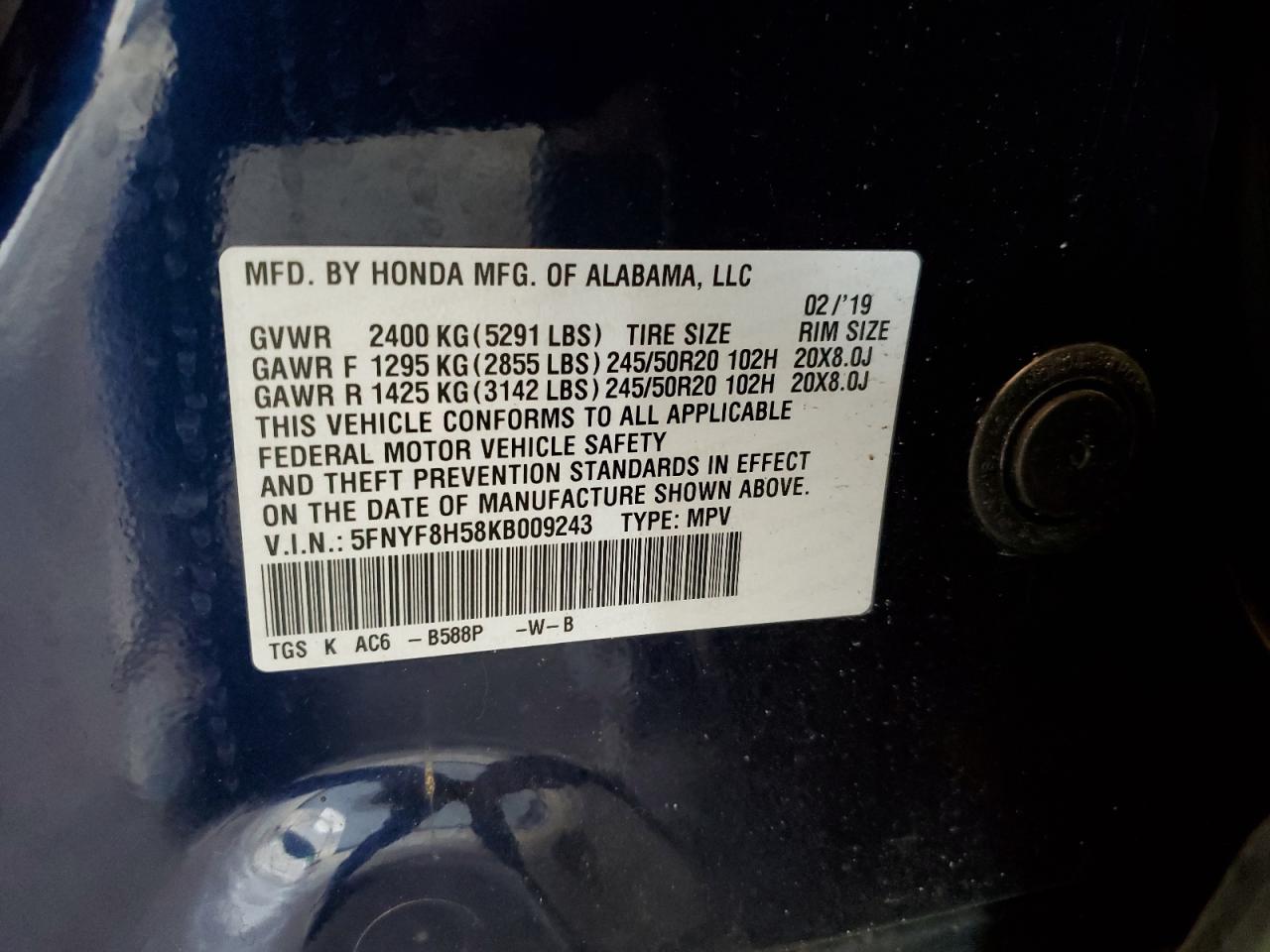 5FNYF8H58KB009243 2019 Honda Passport Exl