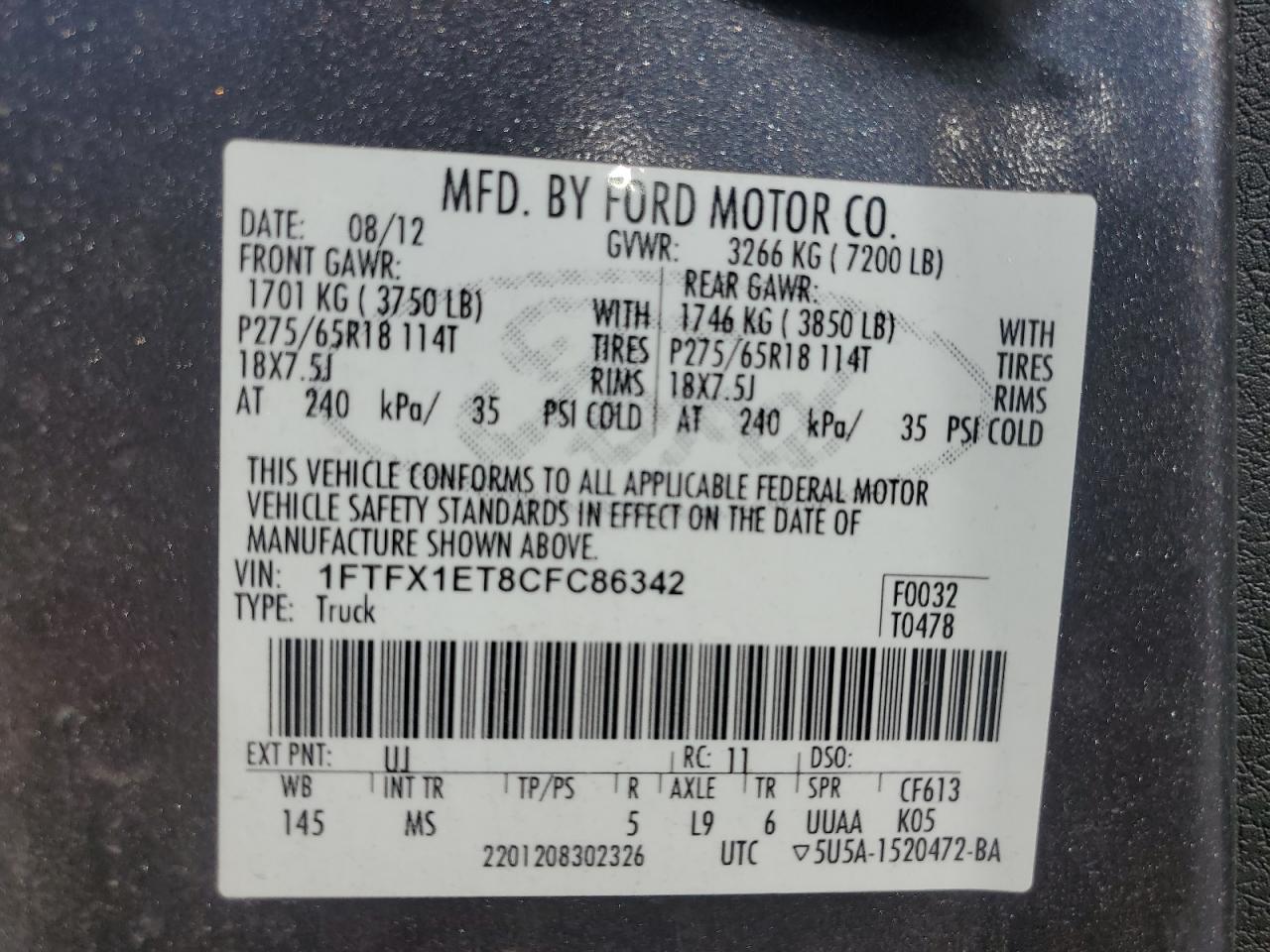 1FTFX1ET8CFC86342 2012 Ford F150 Super Cab