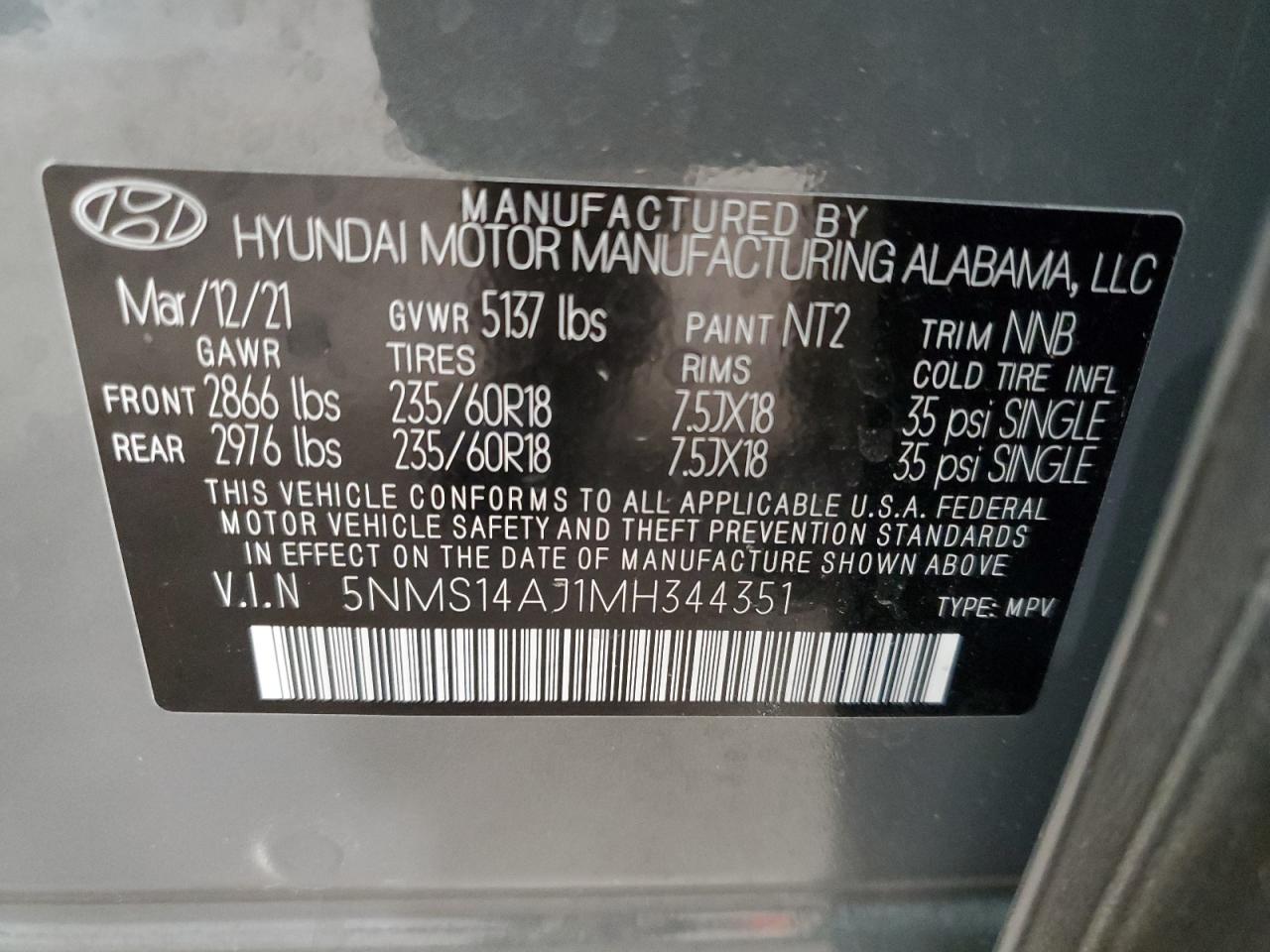 5NMS14AJ1MH344351 2021 Hyundai Santa Fe Se