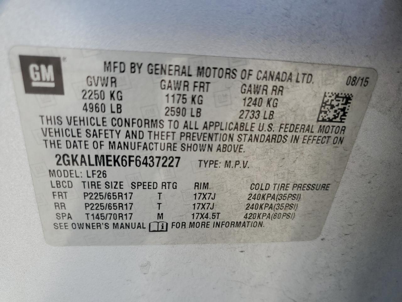2GKALMEK6F6437227 2015 GMC Terrain Sle