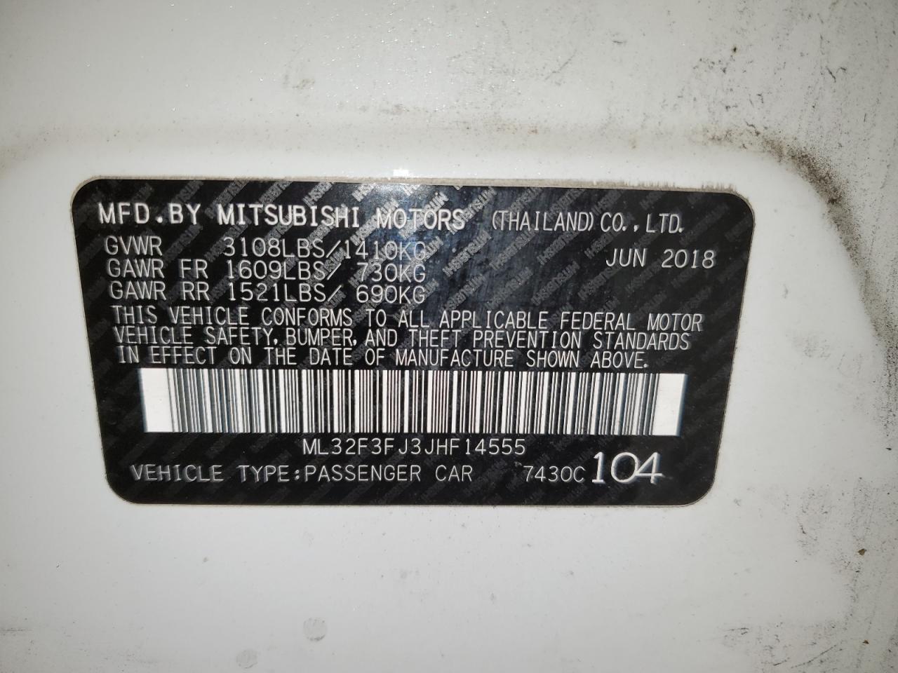 ML32F3FJ3JHF14555 2018 Mitsubishi Mirage G4 Es