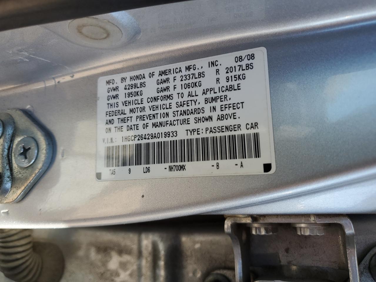 1HGCP26429A019933 2009 Honda Accord Lxp