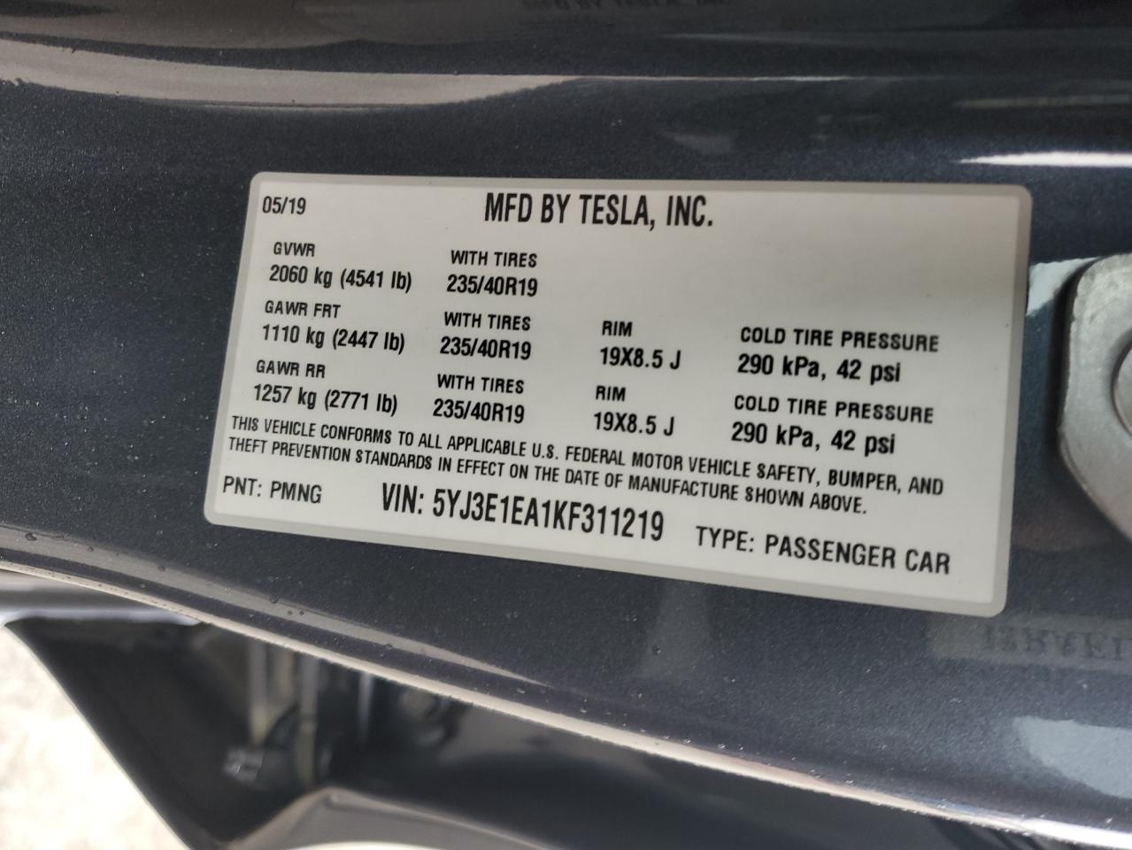 5YJ3E1EA1KF311219 2019 Tesla Model 3