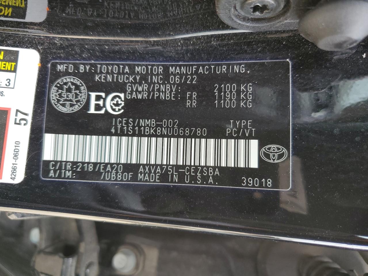 4T1S11BK8NU068780 2022 Toyota Camry Se