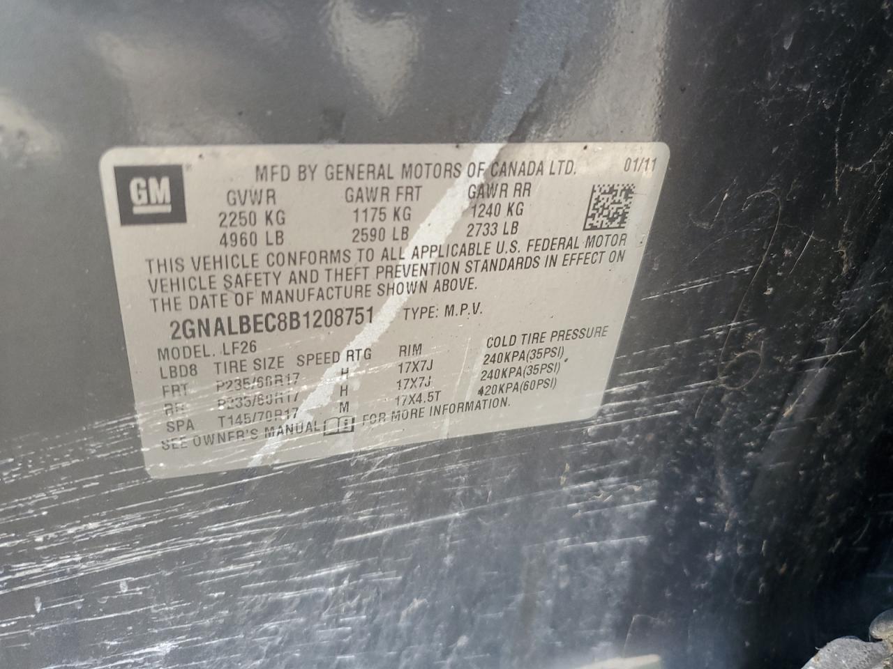 2GNALBEC8B1208751 2011 Chevrolet Equinox Ls