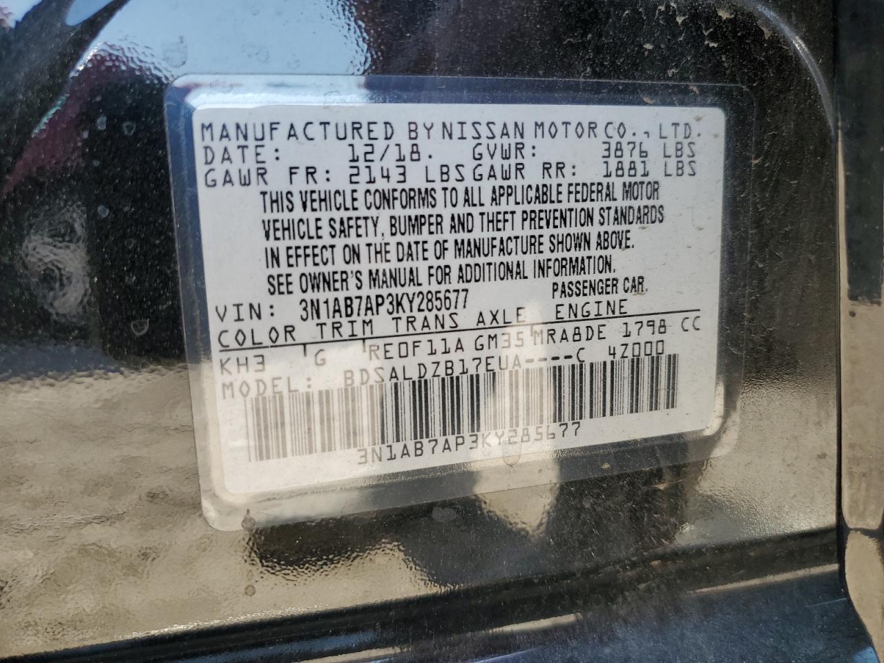 3N1AB7AP3KY285677 2019 Nissan Sentra S