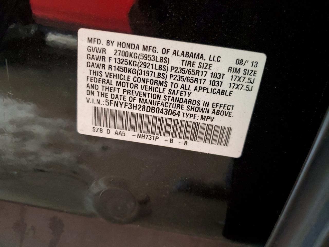 5FNYF3H28DB043064 2013 Honda Pilot Lx