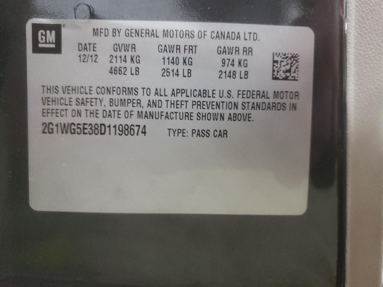 2G1WG5E38D1198674 2013 Chevrolet Impala Lt