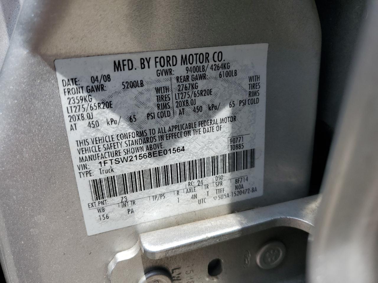 1FTSW21568EE01564 2008 Ford F250 Super Duty