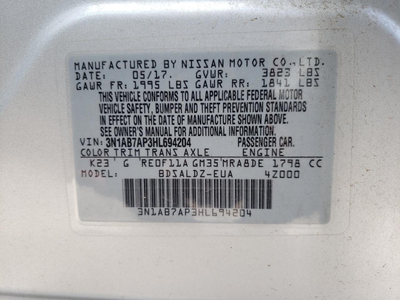 3N1AB7AP3HL694204 2017 Nissan Sentra S